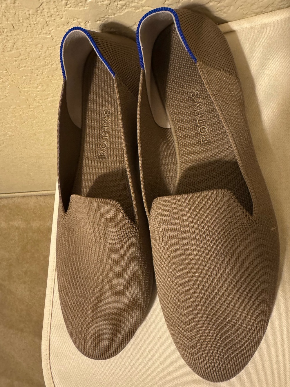 Rothy's Brown Knit Slip-On Loafers with Blue Trim